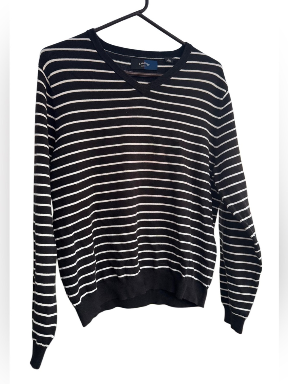 Men’s Callaway Golf Sweater Black White Striped Medium V Neck Pullover